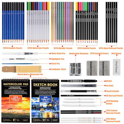 Drawdart Art Supplies Drawing Pencils Set - 76 Pack Pro Sketching Kit with Sketchbook & Watercolor Pad, Includes Graphite, Charcoal, Watercolor & Metallic Pencils for Kids, Teens, Adults