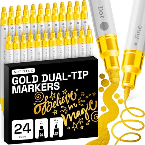 ARTISTRO 24 Gold Dual-Tip Acrylic Paint Markers – Paint Pens Set with Dot & Fine Tips for Fabric, Rock, Glass, Wood, Coloring Books – Arts & Crafts Gift – Classroom Must Haves & School Supplies - style: Gold