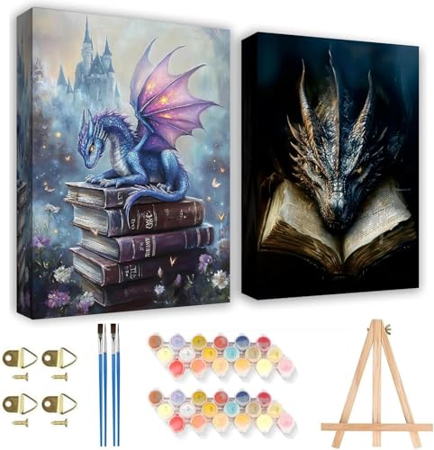 KYOQFVN 2 Pack Dragon Paint by Number Kits for Adults with Frame - Adult Paint by Numbers Kit on Canvas with Wooden Easel, Easy Acrylic Paintng by Numbers for Home Wall Decor8x12inch - color: BKH2133+BKH2134-US