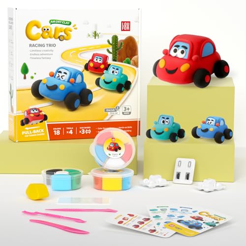 Air Dry Clay Kit for Kids - Pull Back Car Making, 3 Boxes Modeling Clay with Sculpting Tools, Base, Backing Board, Tutorial, Ultra Light & Soft, Non-Toxic & Safe, Creative DIY Arts and Crafts Toys - color: Racine Trio