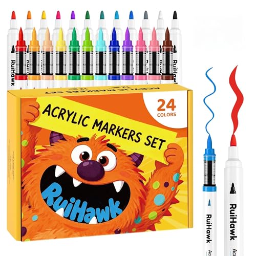 24 Colors Acrylic Paint Markers, 12 Brush & 12 Bullet Tips Pens, Non-Toxic Quick Dry No Bleed, High Vivid Art Supplies for Rock Painting, Canvas, Wood, Ceramic – Beginners & Crafters - color: 24 Colors