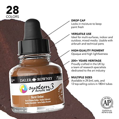Daler-Rowney System3 Acrylic Ink Bottle Burnt Umber 29.5ml - Versatile Acrylic Ink for Artists and Students - Opaque Calligraphy Ink for Drawing Illustrating Airbrushing Dip Pen Ink and More