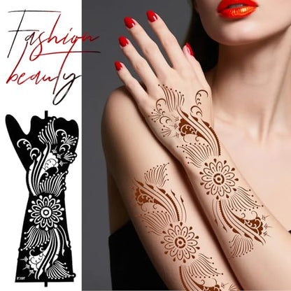 Large Henna Tattoo Stencil Kit - 10 Sheets, Reusable Adhesive Templates for Women and Girls, Indian Arabian Tattoo Stickers for Hand and Body Paint - Body Art Stencil Temporary Tattoos