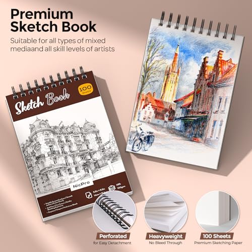 Nicpro 58 PCS Art Drawing Supplies Kit in Leather Case, Art Mechanical Pencil Set with Metal Drafting Pencil 0.3 & 0.5 & 0.7 & 0.9 & 2mm, 12 Micron Pen, Sketch Book, 30 Tube Lead Refills for Sketching