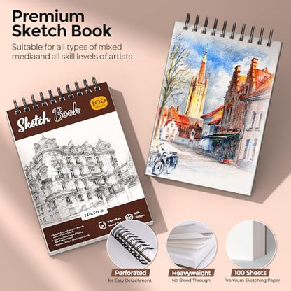 Nicpro 58 PCS Art Drawing Supplies Kit in Leather Case, Art Mechanical Pencil Set with Metal Drafting Pencil 0.3 & 0.5 & 0.7 & 0.9 & 2mm, 12 Micron Pen, Sketch Book, 30 Tube Lead Refills for Sketching