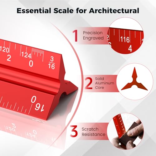 Rena Chris Architectural Scale Ruler: 12" Imperial Aluminum Alloy Metal Architecture Measuring Tools, Engineering Drafting Construction Drawing Blueprints Triangular Architect Scaling Rulers 12 Inches - color: Red