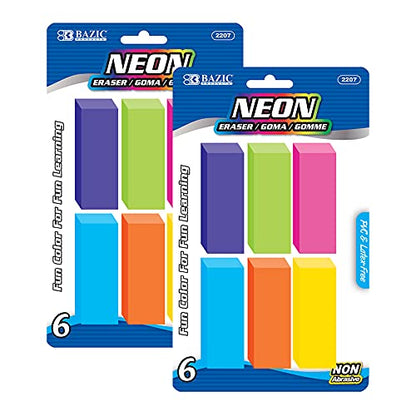 BAZIC Products Bevel Block Erasers, 6 Count, 2-Pack | neon beveled block erasers; soft latex-free; PVC-free rubber; Clean erase; smudge-resistant; school; home; art - color: 6-count, size: 2-Pack