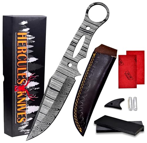Custom Hand Forged Damascus Steel Blank Blade DIY Knife Making Kit Including G-10 Micarta Scale, Leather sheath, Pins, Scale, Camping Blade Damascus Blade Billet Knife Making Supply (BK-F) - color: BK-F