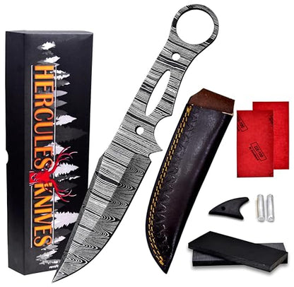 Custom Hand Forged Damascus Steel Blank Blade DIY Knife Making Kit Including G-10 Micarta Scale, Leather sheath, Pins, Scale, Camping Blade Damascus Blade Billet Knife Making Supply (BK-F) - color: BK-F