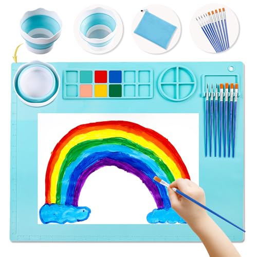 DIYDEC Silicone Craft Mat 20X16 Inch Large Silicone Art mat with Detachable Cup Painting Mat with 10 Painting Brushes Silicone Drawing Mat Sheets for Kids Adult DIY Accessories (Blue) - color: Blue