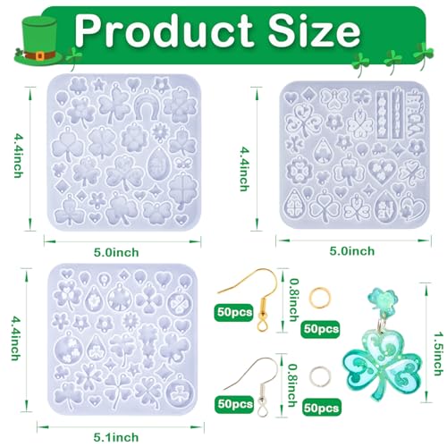3 Pack Shamrock Silicone Resin Earring Molds, Lucky Straw Shape Earring UV Molds Epoxy Resin Casting Mold with 200Pcs Earring Hook for St Patrick's Day Keychain Jewelry Pendant DIY Supplies - color: 3 Pack Shamrock
