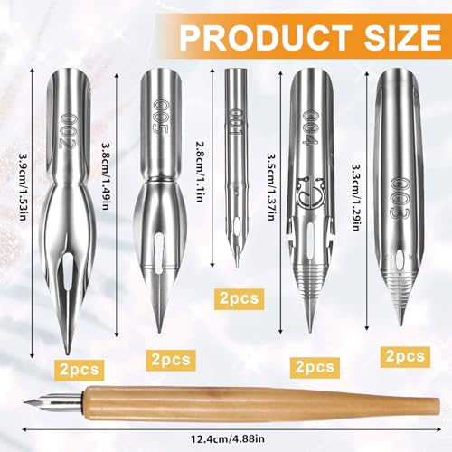 Piriuuo 11 Pcs Dip Pen Set - Comic Pen Nib Set - Oblique Calligraphy - Stainless Steel Nibs with Wooden Holder - Replacement Nibs for Writing Painting Signing