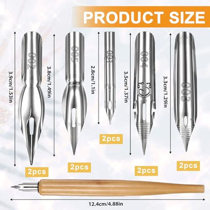Piriuuo 11 Pcs Dip Pen Set - Comic Pen Nib Set - Oblique Calligraphy - Stainless Steel Nibs with Wooden Holder - Replacement Nibs for Writing Painting Signing