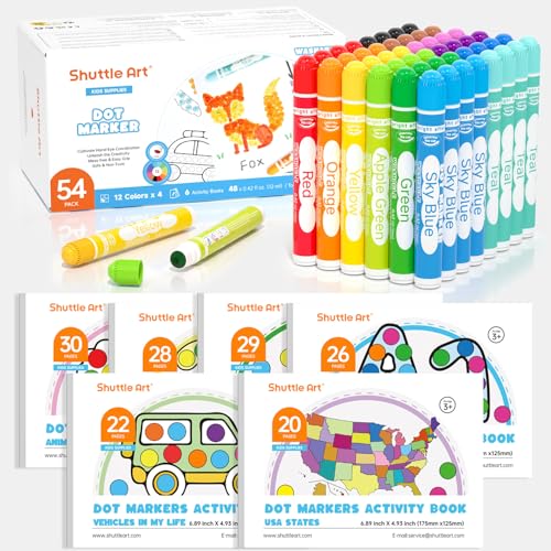 Shuttle Art 48 Pack Washable Dot Markers, 12 Assorted Colors with 6 Activity Books, Fun Art Supplies for Kids Toddlers, Non Toxic Water-Based Paint Daubers, 4 Sets x 12 Colors Dot Markers - color: 12 Colors x 4 Sets + 6 Activity Books