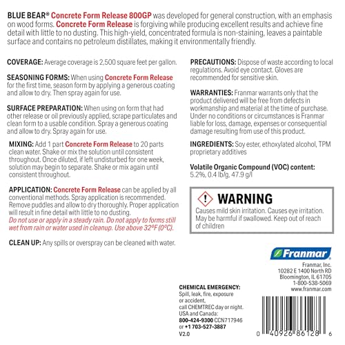 BLUE BEAR 800GP: Concrete Form Release - High-Yield - Non-Staining - Biodegradable Concrete Release Agent for Wood, Metal, Plastic, Styrene, Urethane & Fiberglass Forms