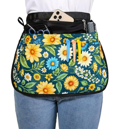 Barber Apron with 5 Pockets, Waterproof and Bleach-proof Hair Stylist Apron for Men and Women - color: Green Flowers