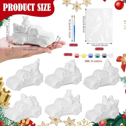 JellyArch 6 Set Christmas DIY Painting Kit Ceramic 3D Ceramic Truck to Paint Your Own Truck with Snowman Reindeer Claus Statues Unpainted Plaster Craft with Brush Paint Bag for Adult - style: Christmas