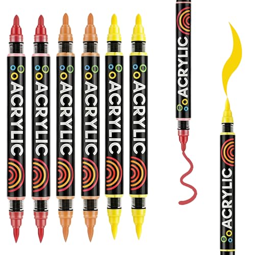 Acrylic Paint Markers, Dual Tip with Fine Tip and Brush Tip Acrylic Paint Pens for Stone, Paper, Wood, Glass, Fabric Paint, DIY Crafts (6, 2Red+ 2Yellow+ 2Orange) - color: 2Red+ 2Yellow+ 2Orange