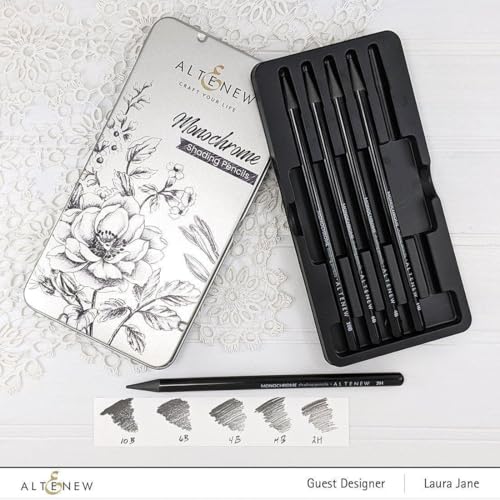 Altenew Monochrome Shading Pencils, 5 Woodless Graphite Pencils for Drawing, Sketching, Shading, Art Pencils 2H, HB, 4B, 6B, 10B with Metal Case