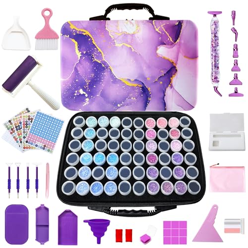 Muzagroo Art Diamond Painting Storage Containers, Diamond Art Storage Case with Accessories and Tools, Portable Shockproof 60 Slots Organizer Case for Diamond Painting Kits M (Purple) - color: Purple-Deluxe Set, size: 60 Jars