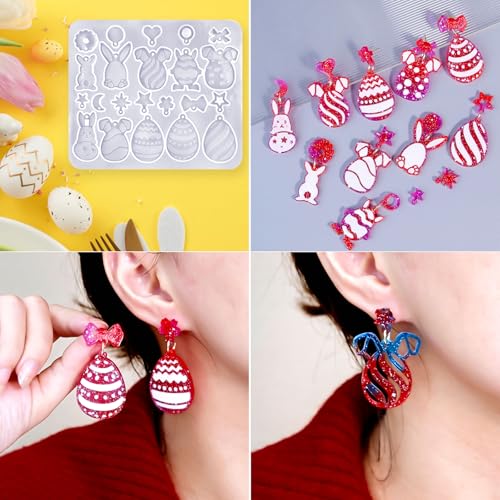 JHYlilia 3 Pack Easter Earring Molds for Resin, Easter Bunny Molds Silicone Egg Epoxy Resin Casting Mold with 200pcs Metal Hook for Keychain Jewelry Pendant DIY Earring Supplies - color: Easter 3pcs