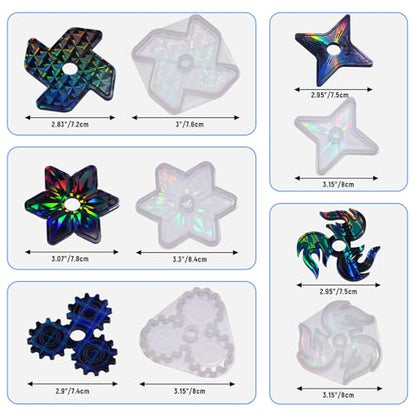 NiArt DIY Epoxy Resin Fidget Spinner Molds Set – 5 Holographic Silicone Casting Molds with Rainbow Texture, 15 Bearings, 15 Pairs Plastic Caps & Organizer Box for Handmade Finger Toys & Craft Projects - size: 5 Molds + 15 Cap Bearings
