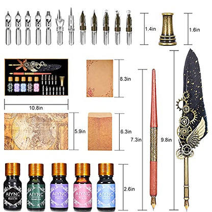 Quill Pen, Quill Pen Ink Set Including Mechanical Feather Pen and Wooden Dip Pen, 5 Colors of Ink, 12 Replacement Nibs, Pen Holder, Envelope and Letter Paper (Black) - color: Black