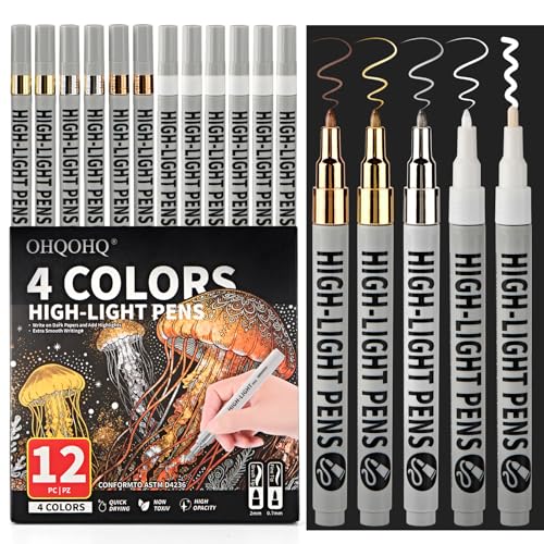 Highlight Pens 12 Pack, White Ink Pens Set with Metallic Silver Gold Bronze, Fine & Brush Tip Paint Pens for Black Paper, Card Making, Rock Painting, Glass, DIY Crafts