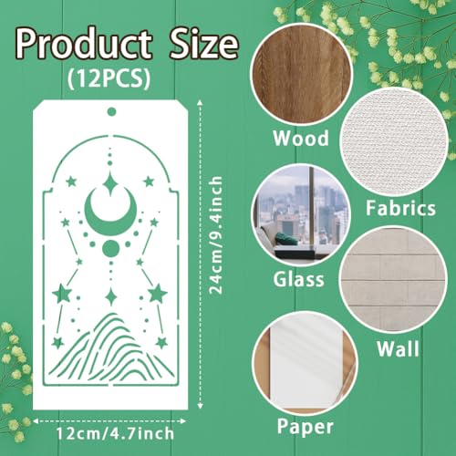 12 Sheets Arched Boho Painting Stencils, 12 Styles Mountain Moon Sun Leaf Landscape Drawing Templates Arched Wall Art Templates for Painting on Wall Wood Home Decor - style: Arched Boho Element