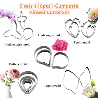 KALAIEN 6 Set Gumpaste & Fondant Flower Cookie Cutter Set - 18pcs for Wedding & Birthday Cake Decorating