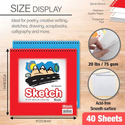 BAZIC Products Spiral Sketch Pad, Top Bound, 9 x 9 in, 40 Sheets, 2-Set | 40-sheet spiral sketch pad, smooth drawing paper for sketching, shading - size: 2-Pack
