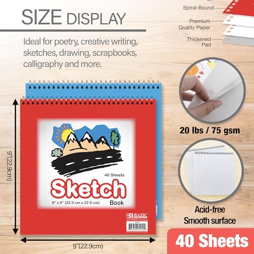 BAZIC Products Spiral Sketch Pad, Top Bound, 9 x 9 in, 40 Sheets, 48-Case | 40-sheet spiral sketch pad, smooth drawing paper for sketching, shading - size: 48-Pack