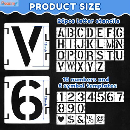 12 Inch 42 Pcs Reusable Letter Number Symbol Stencils, Plastic Painting Templates for Wood Wall Fabric Rock Chalkboard Signage School Door Porch DIY Art Craft Decoration Projects - size: 12 inch（White）