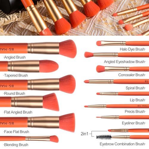 BS-MALL Makeup Brush Set 14 Pcs With Case - Foundation Brush, Concealer Brush, Blush Brush & Flawless Application – Complete Luxury Cosmetic Brush Kit For Travel & Daily Use - color: Orange