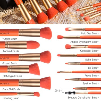 BS-MALL Makeup Brush Set 14 Pcs With Case - Foundation Brush, Concealer Brush, Blush Brush & Flawless Application – Complete Luxury Cosmetic Brush Kit For Travel & Daily Use - color: Orange