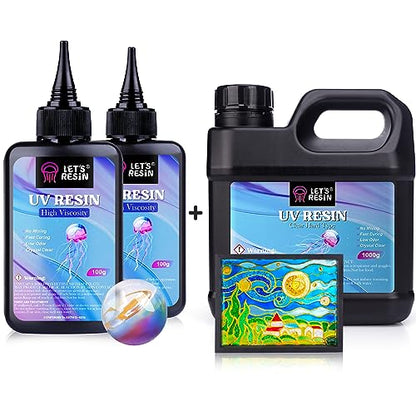 Bundle Set of LET'S RESIN Upgraded 1,000g Crystal Clear UV Resin and 200g High Viscosity Crystal UV Resin