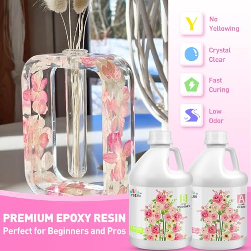 YIEHO 2 Gallon Epoxy Resin with Pumps, Crystal Clear Hard Bubble Free Anti Yellowing 2 Part Resin for Coating, Art Crafts, DIY, Jewelry Making 1:1 - size: 2 Gal