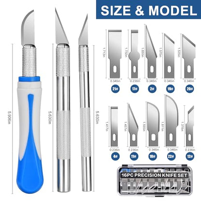 16 Pcs Premium Precision Craft Knife Set, 10 Replaceable Carbon Steel Blades, Hobby Knife for Scrapbooking, Stencil, Architecture, Wood/Leather Working