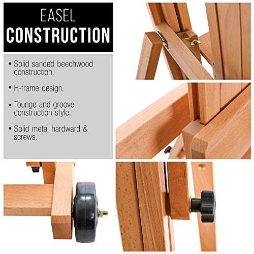 U.S. Art Supply Master Multi-Function Studio Artist Wooden Floor Easel - Large Heavy Duty Adjustable H-Frame, Tilts Flat, Mast Adjusts to 97" High - Beechwood Painting Canvas Holder Stand with Wheels