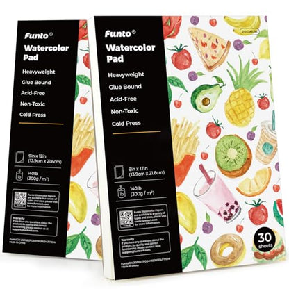 Funto Watercolor Paper Pads, 9x12, 140lb/300gsm, 30 Sheets Each, Cold Pressed, Acid-Free Heavyweight Art Paper for Painting, Drawing - size: 9x12-2Pack