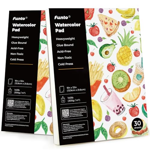 Funto Watercolor Paper Pads, 9x12, 140lb/300gsm, 30 Sheets Each, Cold Pressed, Acid-Free Heavyweight Art Paper for Painting, Drawing - size: 9x12-2Pack