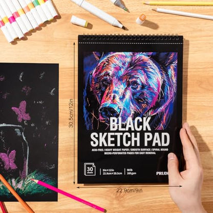 30 Sheets Black Paper Sketchbook, 98lb/160gsm Heavyweight Black Sketch Pad 9×12in, Acid-Free Drawing Paper, Spiral Bound Sketch Book for Kids, Teens, Artist - size: 9×12 Inch (1 pack)