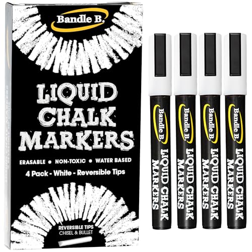 Bandle B. Chalk Markers - 4 White, Erasable, Non-Toxic, Water-Based, Reversible Tips, Crisp White For Kids and Grown-Ups for Glass and Chalkboard Markers for Businesses, Restaurants (6mm) - color: White - 4 pack