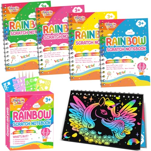 Scratch Paper Art Party Favors for Kids: 4 Pack Rainbow Scratch Notebook, Goodie Bags Stuffers Coloring Books Party Favors for Kids 3-12, Bulk Classroom Birthday Gifts for Student - style: 4 Pack