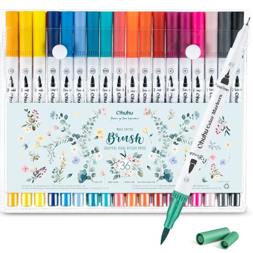 Ohuhu Markers for Adult Coloring Books No Bleeding 36 Colors Coloring Markers Water-based Dual Tips Fineliner & Brush Drawing Pens Art Pens for Kids Adults Sketch Journal - Maui - White - style: 36 Vibrant Colors
