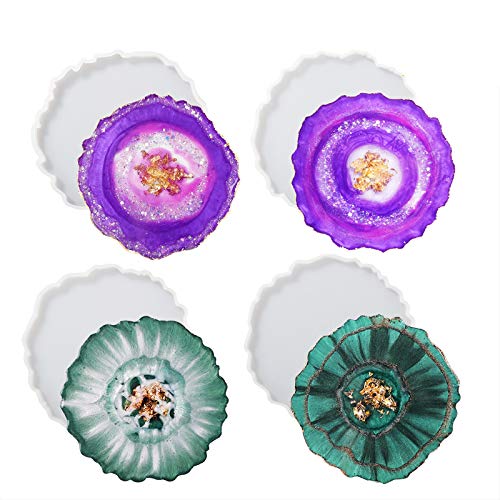 LET'S RESIN 4Pcs Resin Coaster Molds, Druzy Geode Agate Silicone Coaster Molds for Epoxy Resin, 5Inches Large Mould for DIY Art Craft Cup Mats, Durable and Flexible Moulds - size: 4 cavity