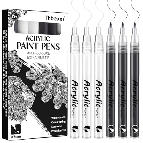 Thboxes 6 Pack Black and White Paint Pens, 0.7mm Extra Fine Acrylic Paint Markers for Rock Painting, Wood, Fabric, Plastic, Ceramic, Glass, Metal, Canvas DIY Crafts - color: Black & White