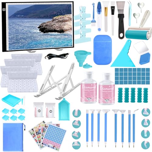 NLXCXUCY 244Pcs Diamond Art Accessories Kit All-Inclusive Diamond Painting Tool Set with A3 Diamond Painting Light Pad,Diamond Art Sealer Glue, Diamond Correction Pens, Storage Box for DIY Craft - color: blue, size: A3