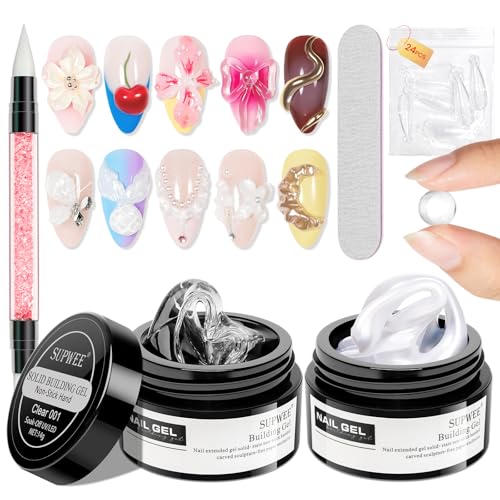 Clear and Pearl White Nail Extension Gel 3D Nail Art Sculpture Hard Gel with Silicone Pen for Carving Patterns Decoration Home Manicure DIY for Women - color: Clear&Pearl White
