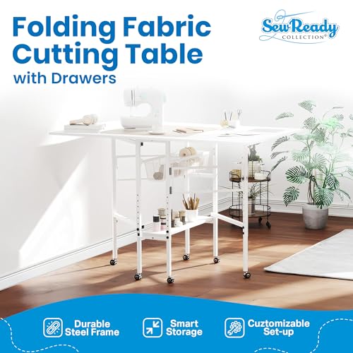 Sew Ready Folding Sewing Craft Table with Storage, Adjustable Height Cutting Desk with Drawers and Wheels for Quilting, Fabric, and Hobby Room, White - color: White / White